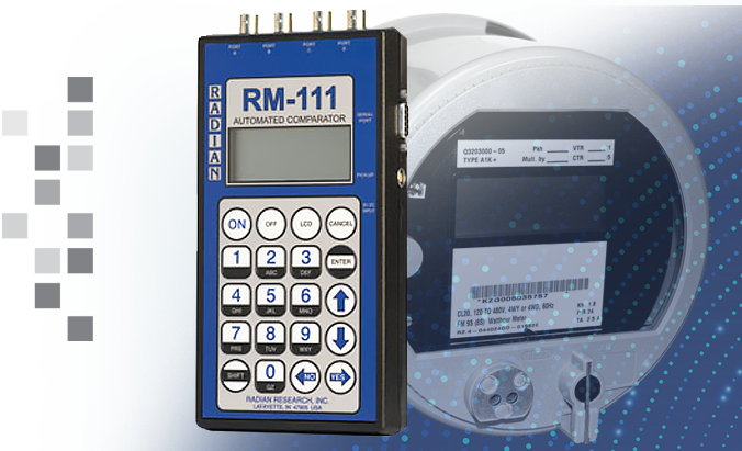 The RADIAN RM-111 over a semi-transparent blue background with a close up of a meter.