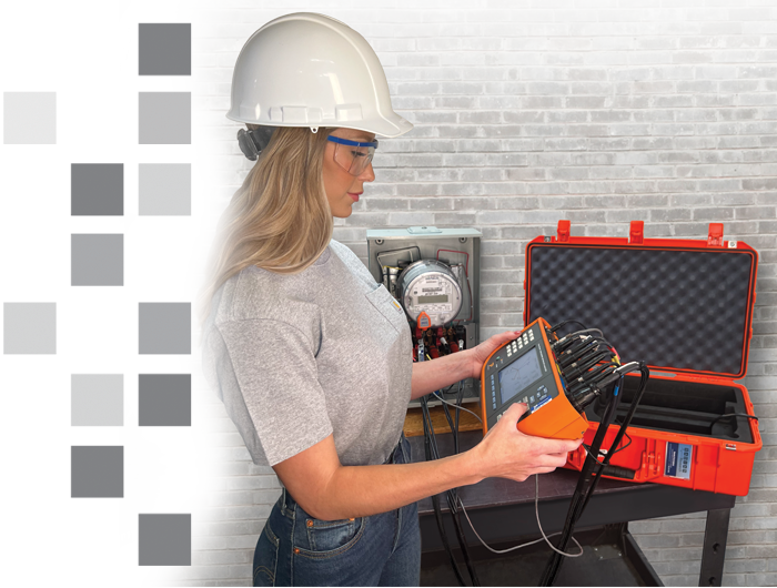 A young woman using the Powermetrix 6618A on a meter.