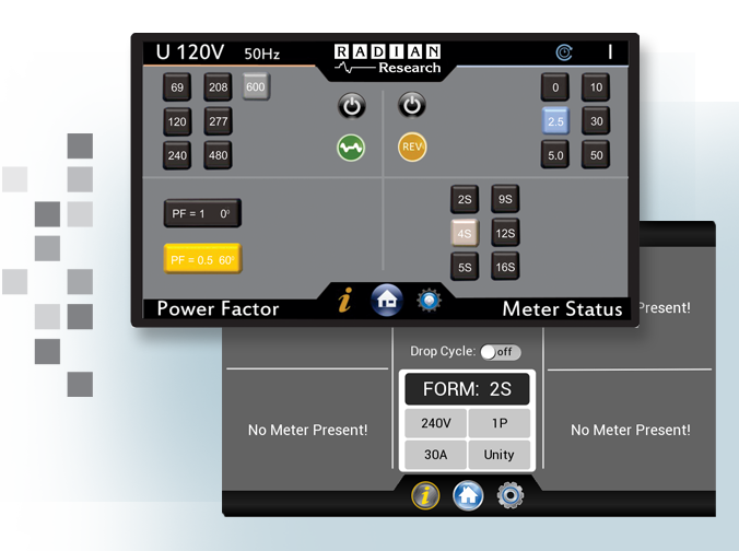 The touchscreen controls of the WECO 8020/WECO 8030 Meter Qualification Boards on a transparent background.
