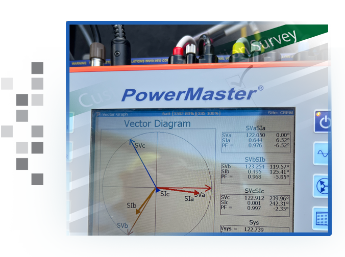 A close up of the screen of the Powermetrix 335V showing a vector diagram.