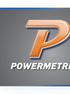 The orange "P" of the Powermetrix logo in a gray box.