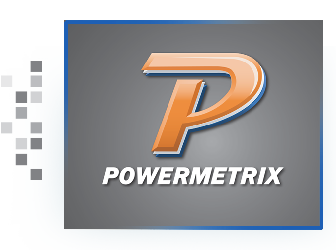 The orange "P" of the Powermetrix logo in a gray box.