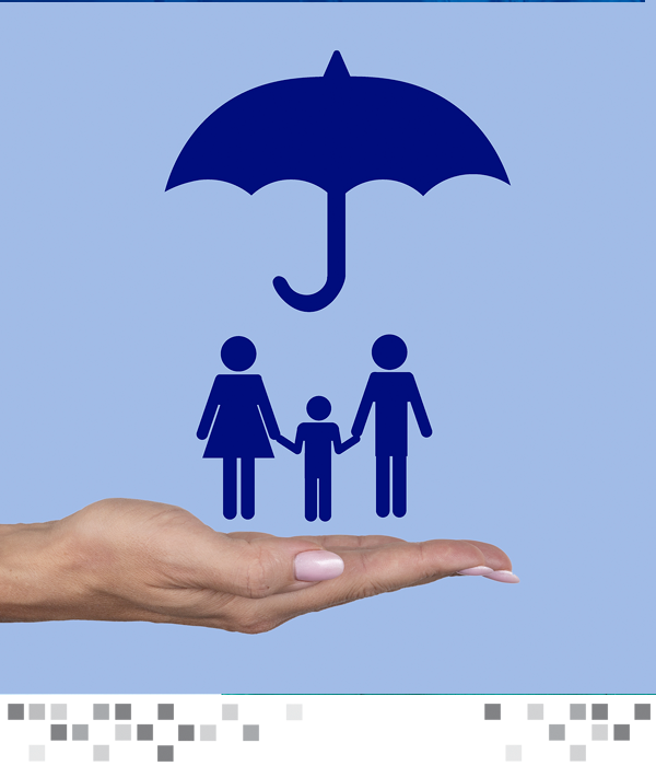 A family under an umbrella above a female hand.