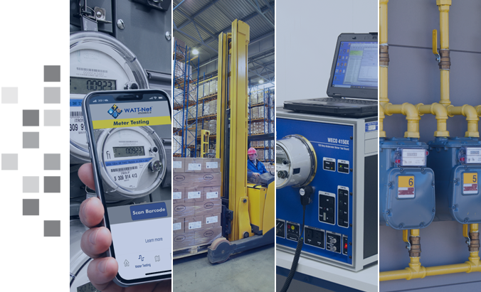 A collage image of the core uses of WATT-Net, including water metering, electric metering, gas metering, and inventory management.