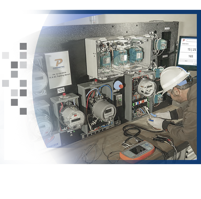 A utility worked running a simulation on the Powermetrix 8803A training bench.
