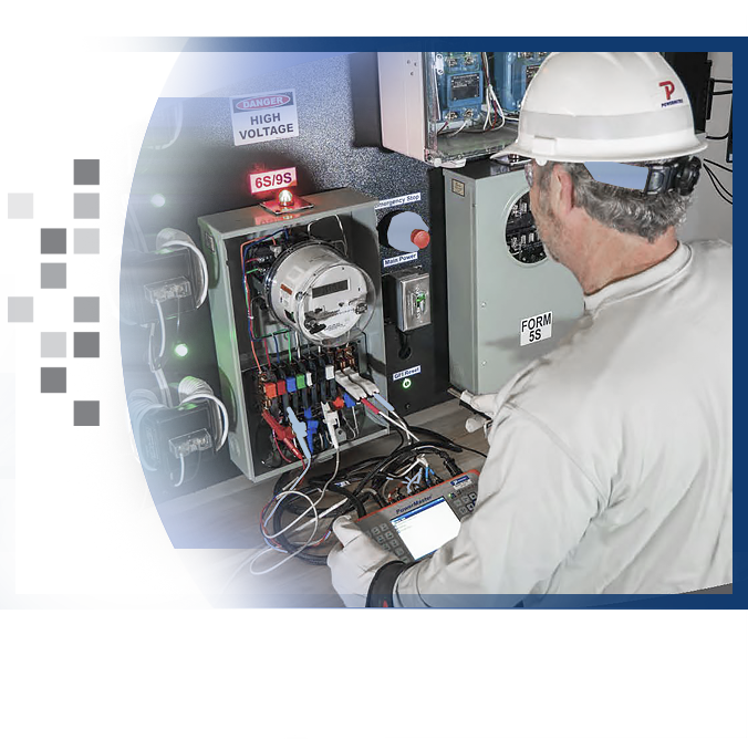 A utility employee training on the Powermetrix 8833 training bench with the Powermetrix 8843 controlling the training.