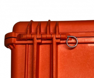 Hinge Pull Pins for Pelican Case attached to an orange case.