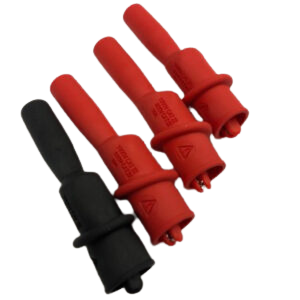 Mini Alligator Clips 4mm in both red and black on a transparent background.