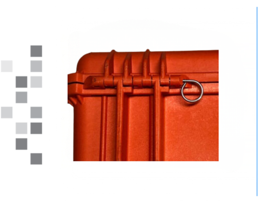 Hinge Pull Pins for Pelican Case attached to an orange case with gray boxes along the left border.
