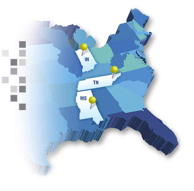 USA map showing Radian Research Facilities in Lafayette, IN, Knoxville, TN, and Pearl, MS