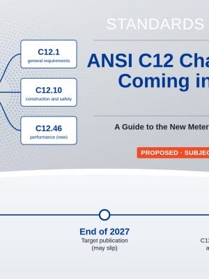 ANSI C12 Changes Coming in 2027 guide cover: proposed split of C12.1 into C12.1, C12.10, and C12.46, with a timeline from C12.1-2026 today to target publication at the end of 2027