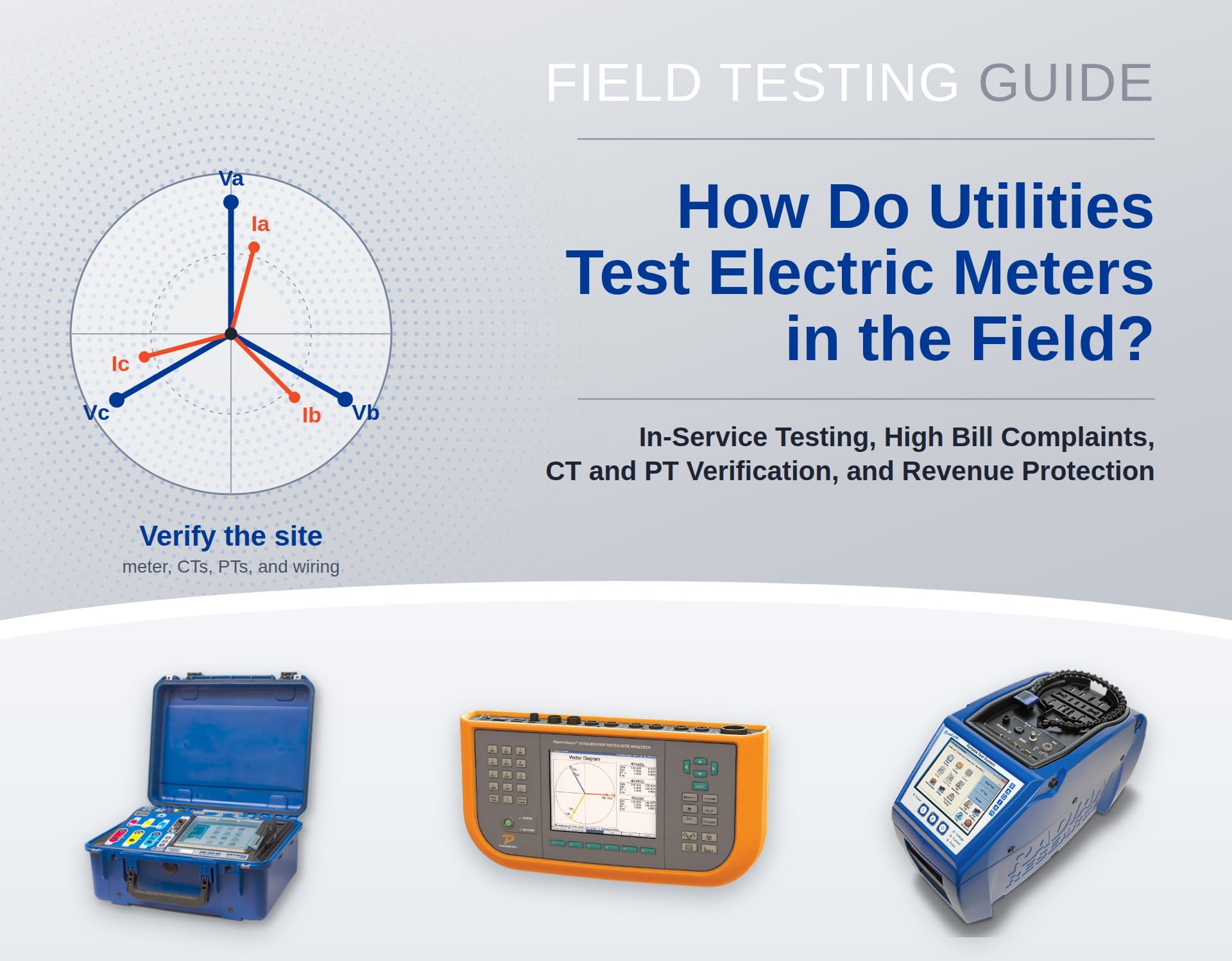 How Do Utilities Test Electric Meters in the Field? field testing guide cover with a three-phase vector diagram and the RADIAN RW-30X, Powermetrix 6618A, and RADIAN Bantam Plus