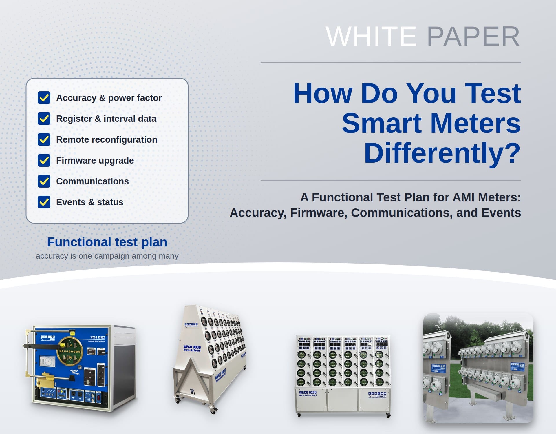 How Do You Test Smart Meters (AMI Meters) Differently? white paper cover: a six-campaign functional test checklist with the WECO 4330X, WECO 9000, WECO 9200, and WECO SMART AMI Meter Farm