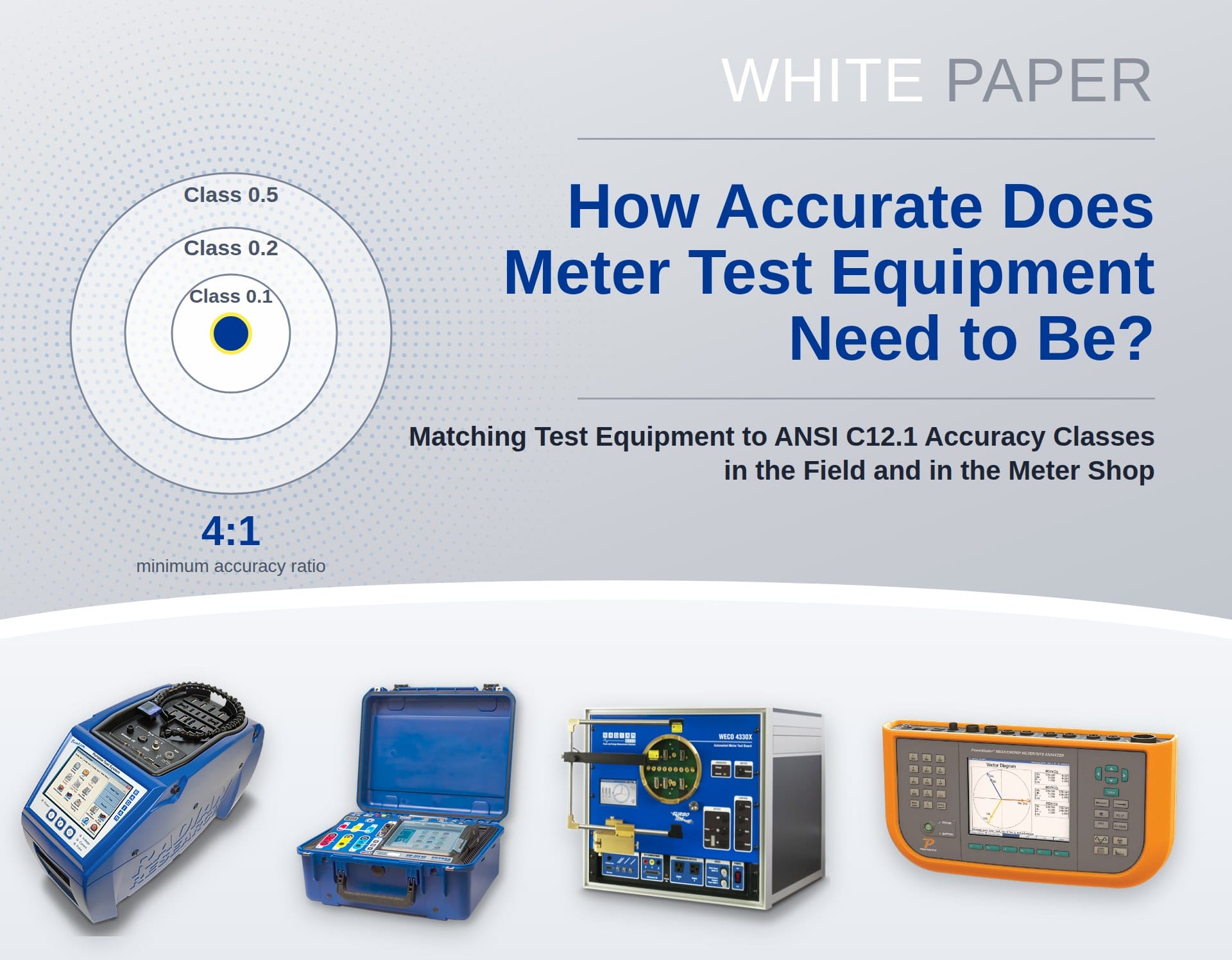 How Accurate Does Meter Test Equipment Need to Be? white paper cover: matching test equipment to ANSI C12.1 accuracy classes, with RADIAN Bantam Plus, RW-30X, WECO 4330X, and Powermetrix 6618A