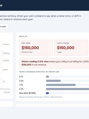Meter Error Cost Calculator showing a 0.10% slow meter error costing $150,000 a year across 100,000 meters