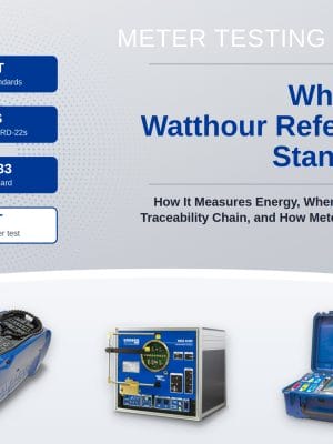 Meter testing guide cover: What Is a Watthour Reference Standard? The RADIAN traceability chain from NIST to the RTS, RS-933, and device under test, with the Bantam Plus, WECO 4330X Test Board, and RW-30X.