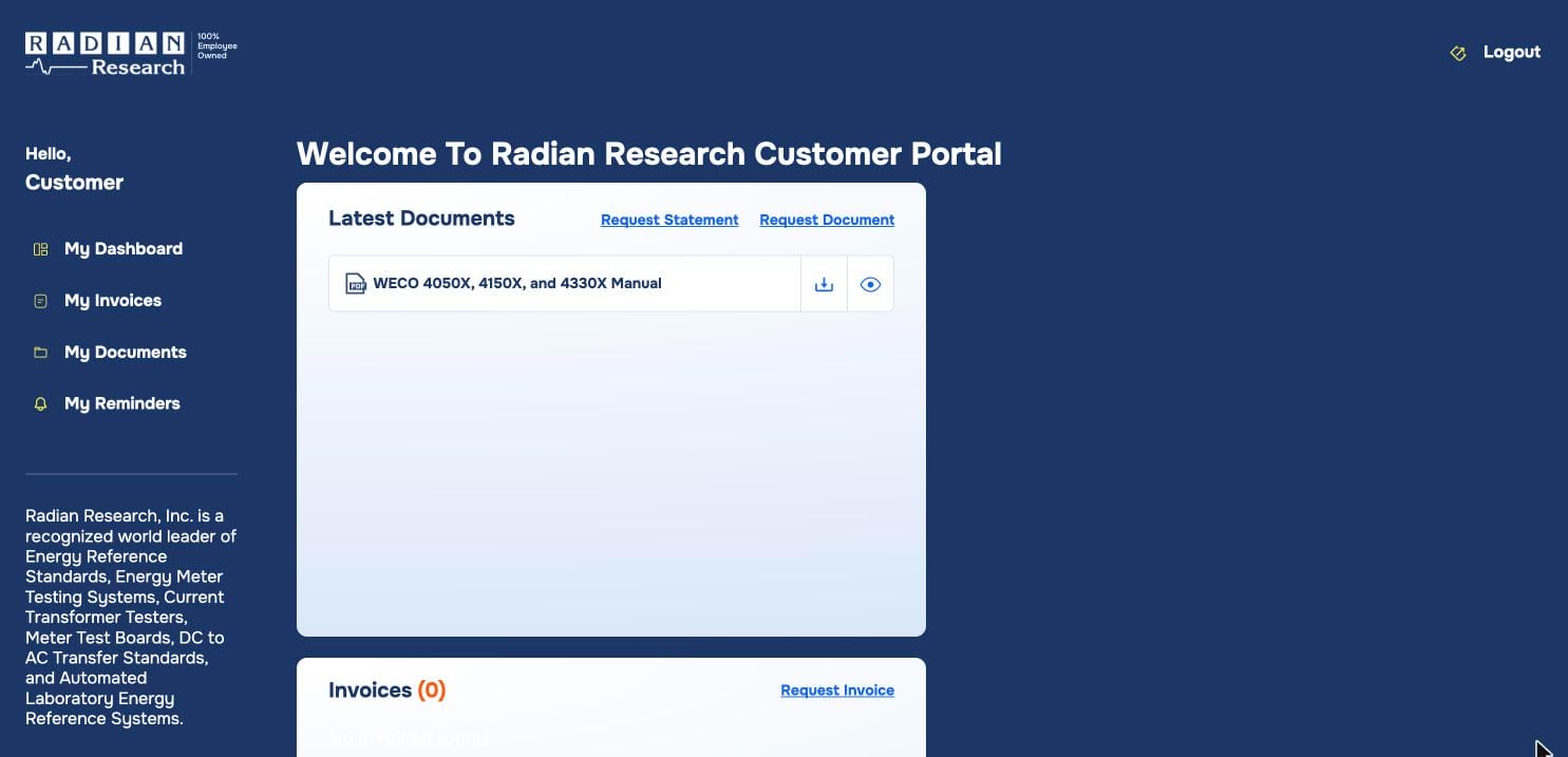 RADIAN Customer Portal dashboard showing Latest Documents, Invoices, and the navigation menu