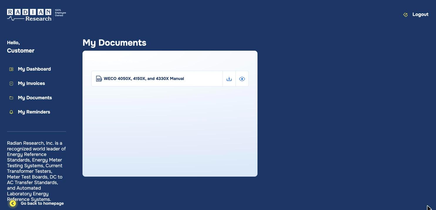 My Documents page in the RADIAN Customer Portal with a manual ready to download or view
