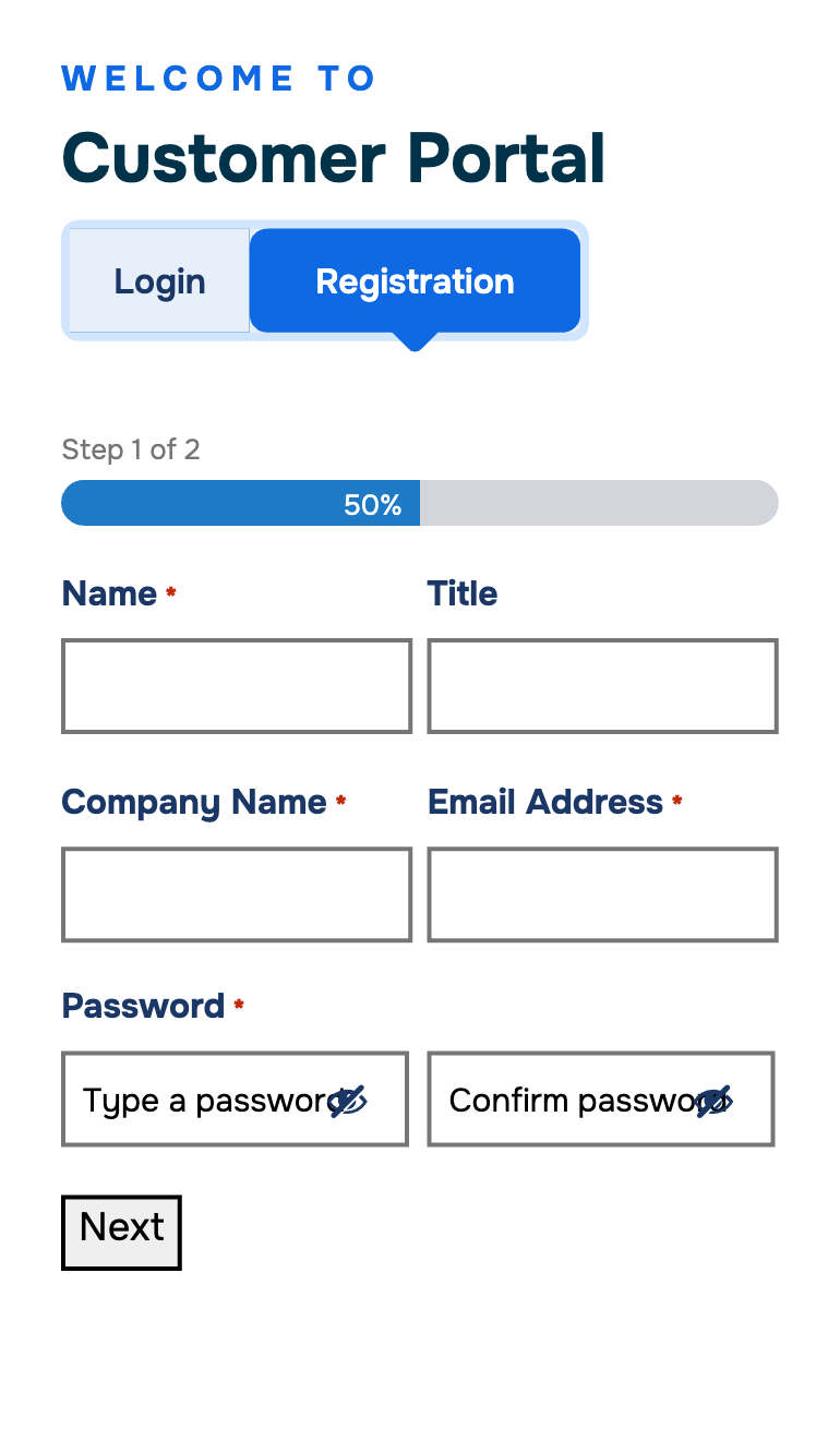 RADIAN Customer Portal registration, step 1: name, company, email address, and password