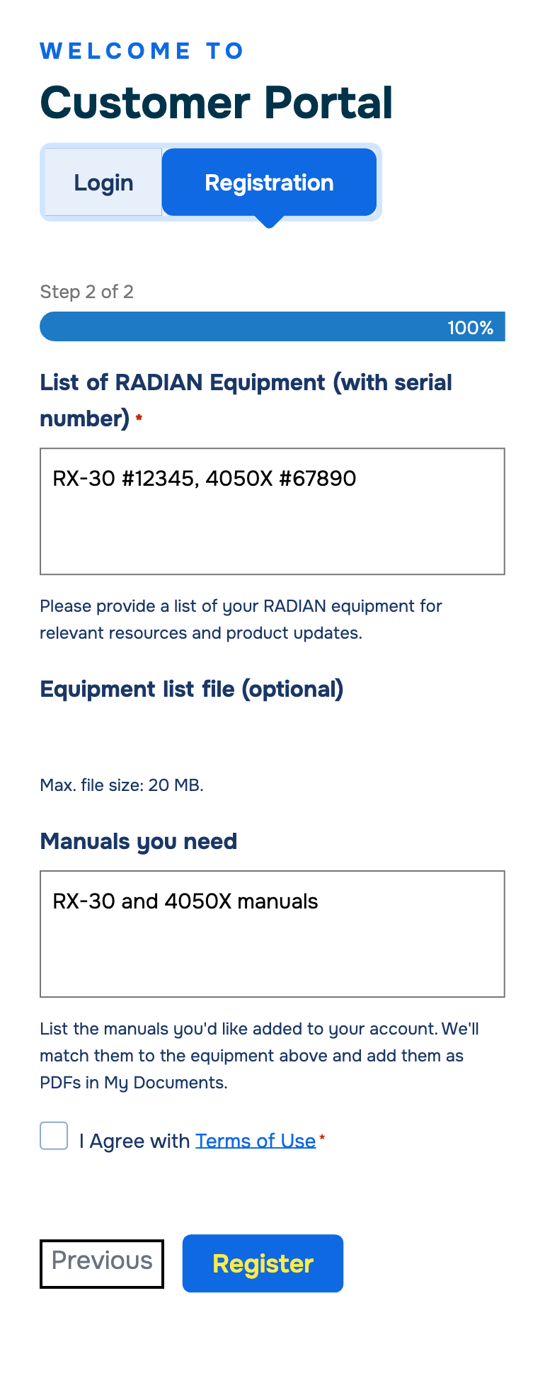 RADIAN Customer Portal registration, step 2: equipment list, manuals you need, and Terms of Use