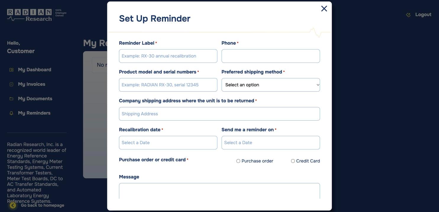Set Up Reminder form in the RADIAN Customer Portal